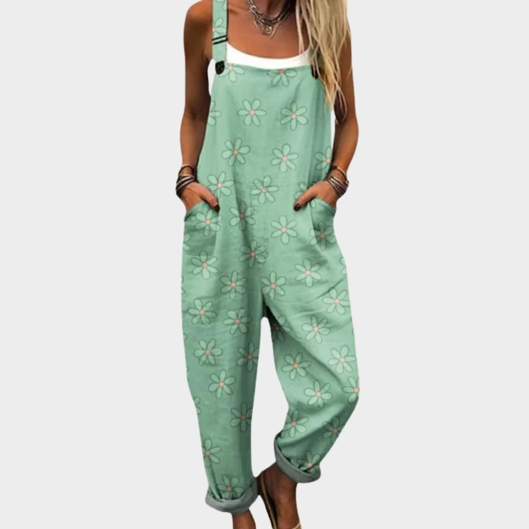 Latzhose mit weißen Blüten Salbeigrün