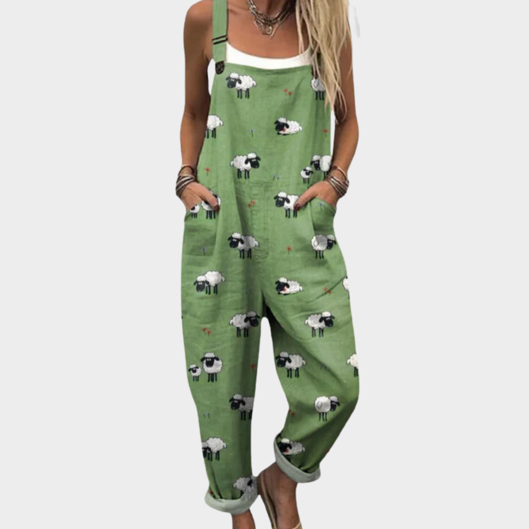 Grüne Latzhose mit Schafmotiv