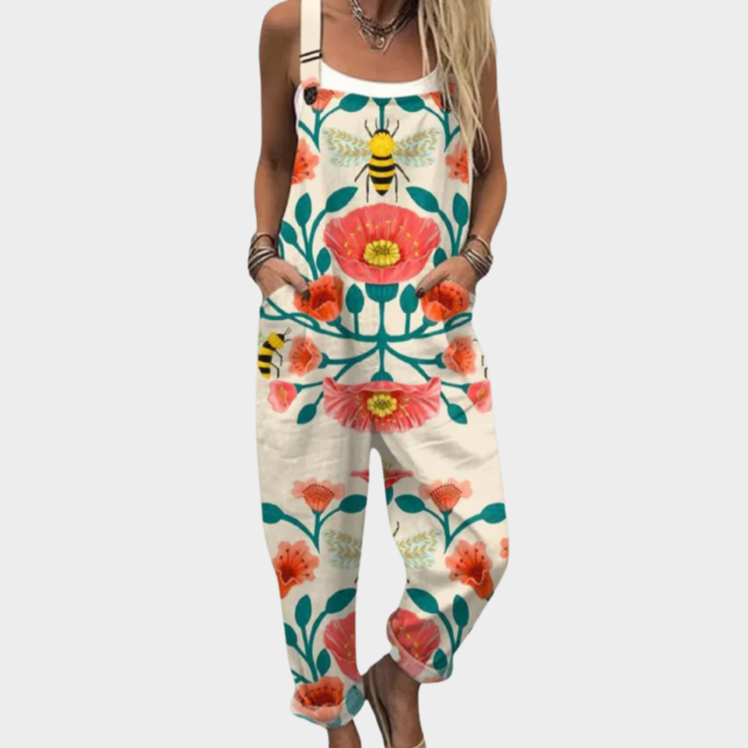 Latzhose mit Mohnblumen und Bienen
