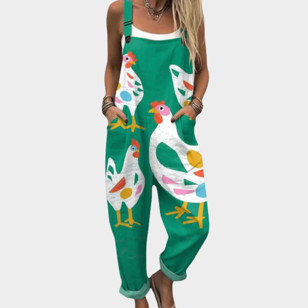 Grüne Latzhose mit Hühnern