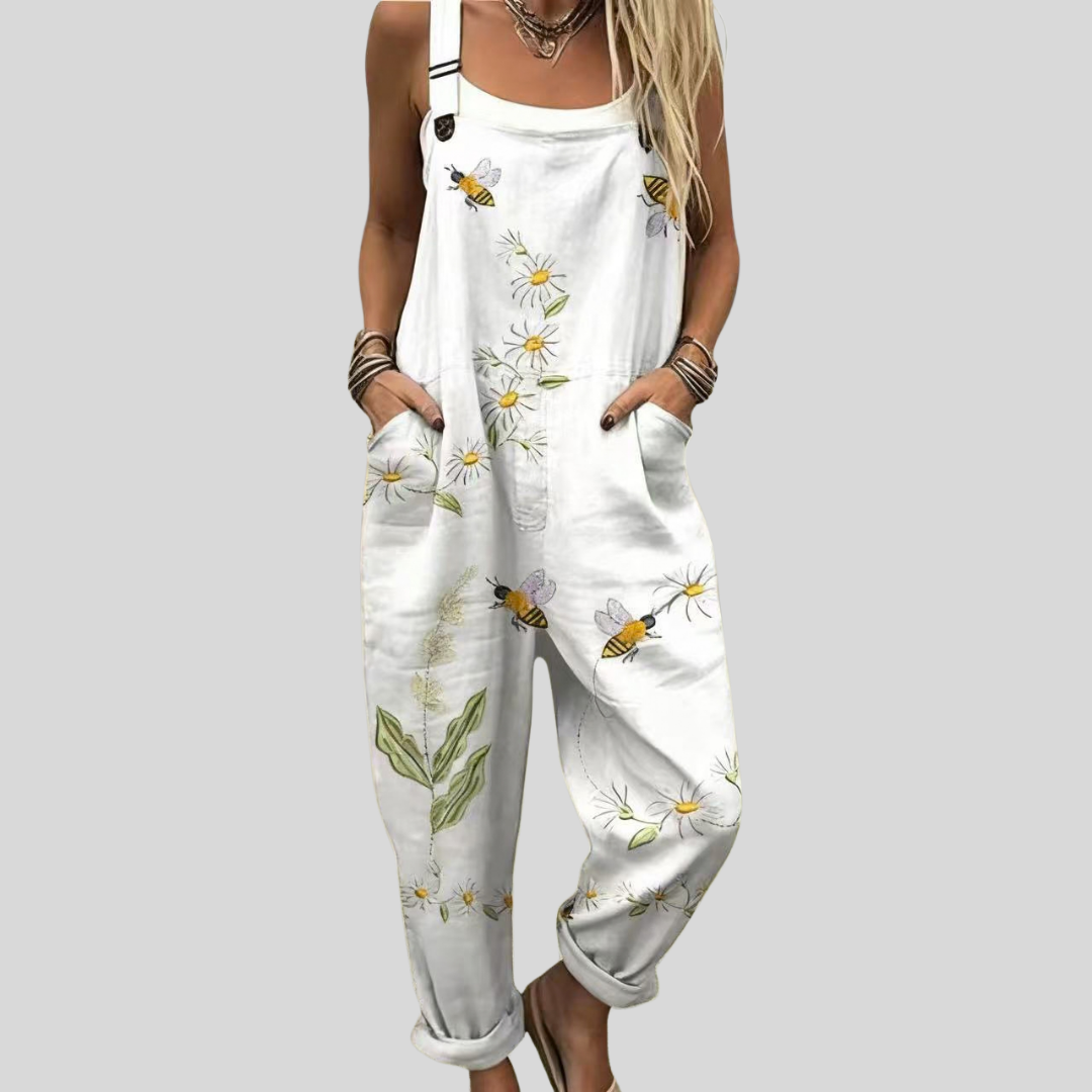 Weiße Latzhose Margeriten und Libelle