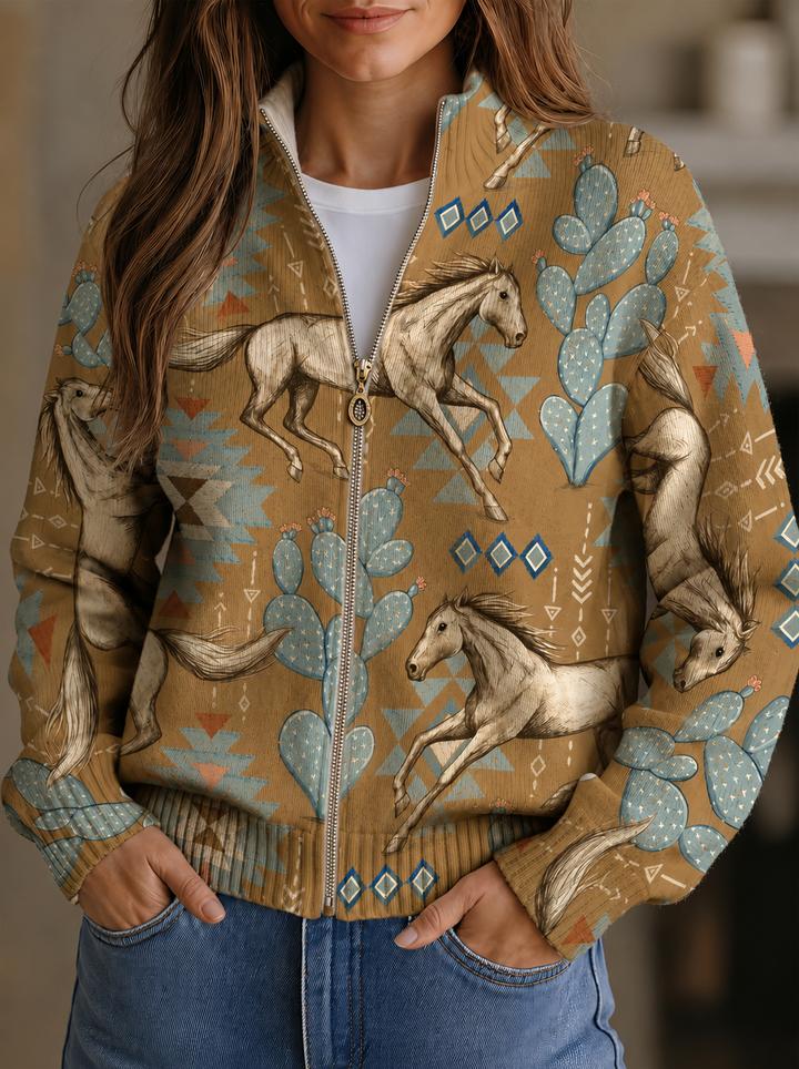 Beate™ | Cardigan mit Pferde- und Kakteenmotiv