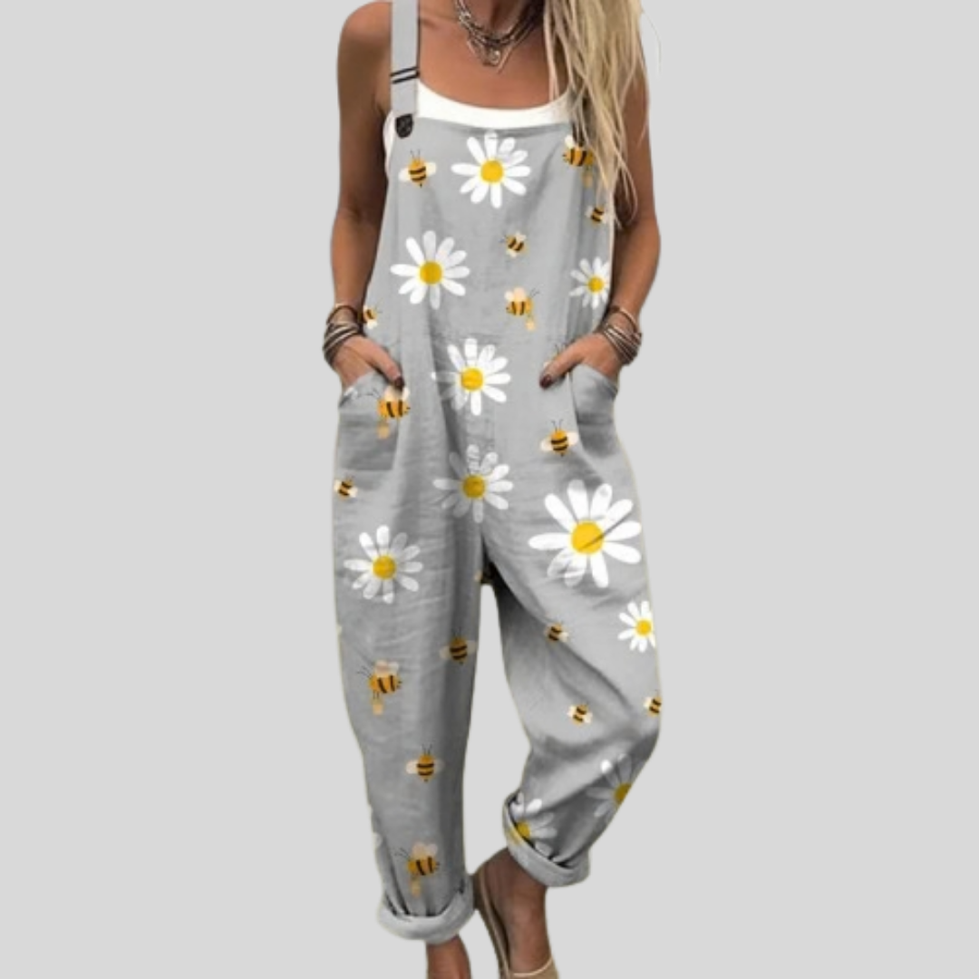 Graue Latzhose Margeriten und Bienen