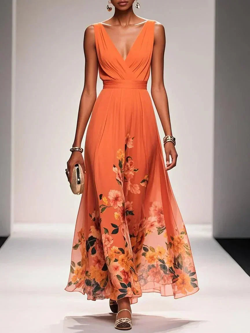 Paula | Maxikleid aus Chiffon mit Blumen hellblau und V-Ausschnitt