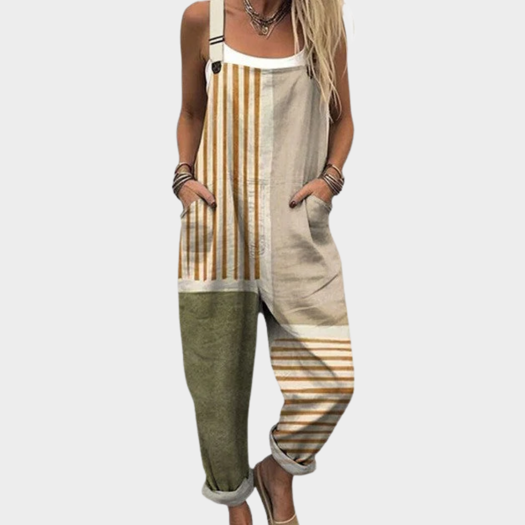 Gestreifte Latzhose Beige Oliv