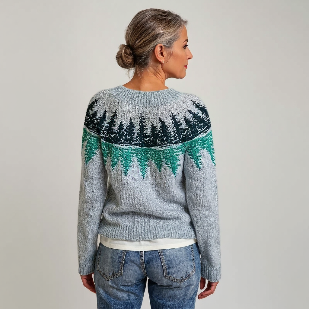 Elsbeth™ | Grauer Pullover mit Tannenwald-Motiv