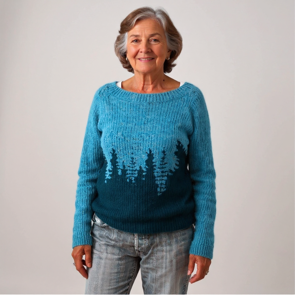 Edeltraud™ | Petrolfarbener Pullover mit Tannenmotiv