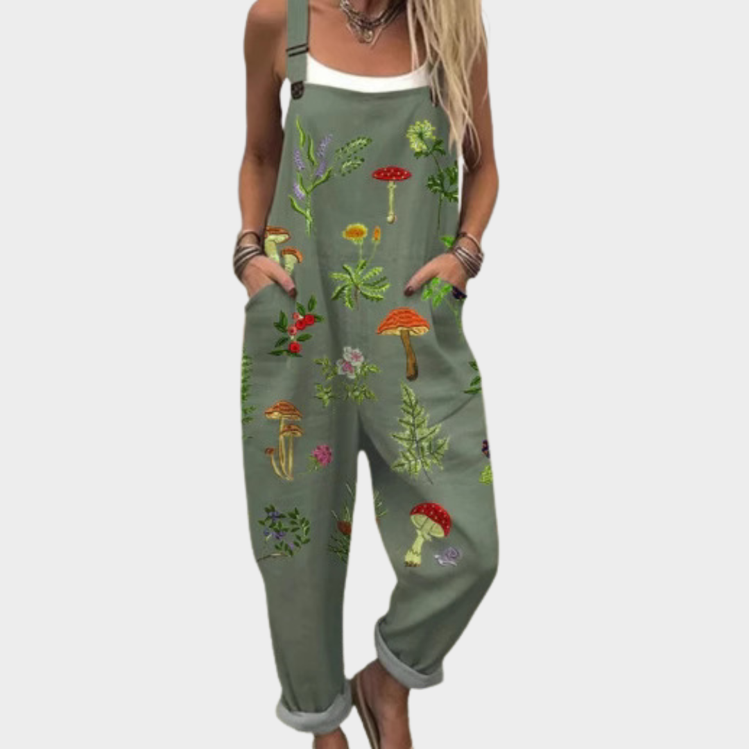 Latzhose mit Pilz-Motiv Olivgrün