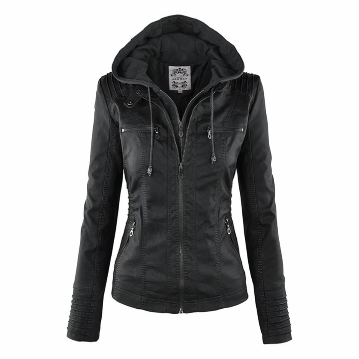 Emma | Damen Vielseitige Kunstleder Bikerjacke mit Kapuze