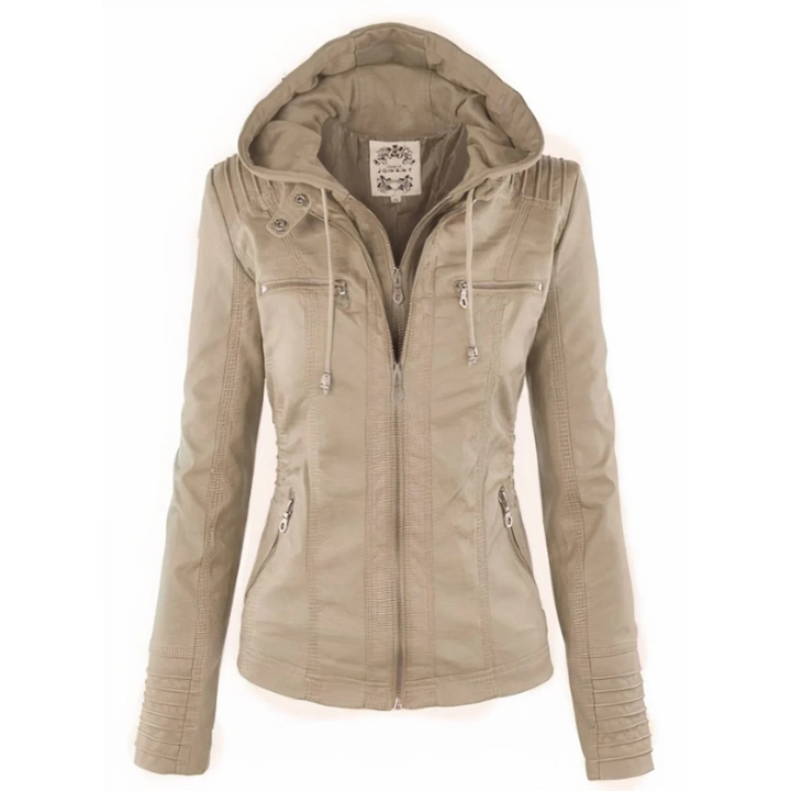Emma | Damen Vielseitige Kunstleder Bikerjacke mit Kapuze