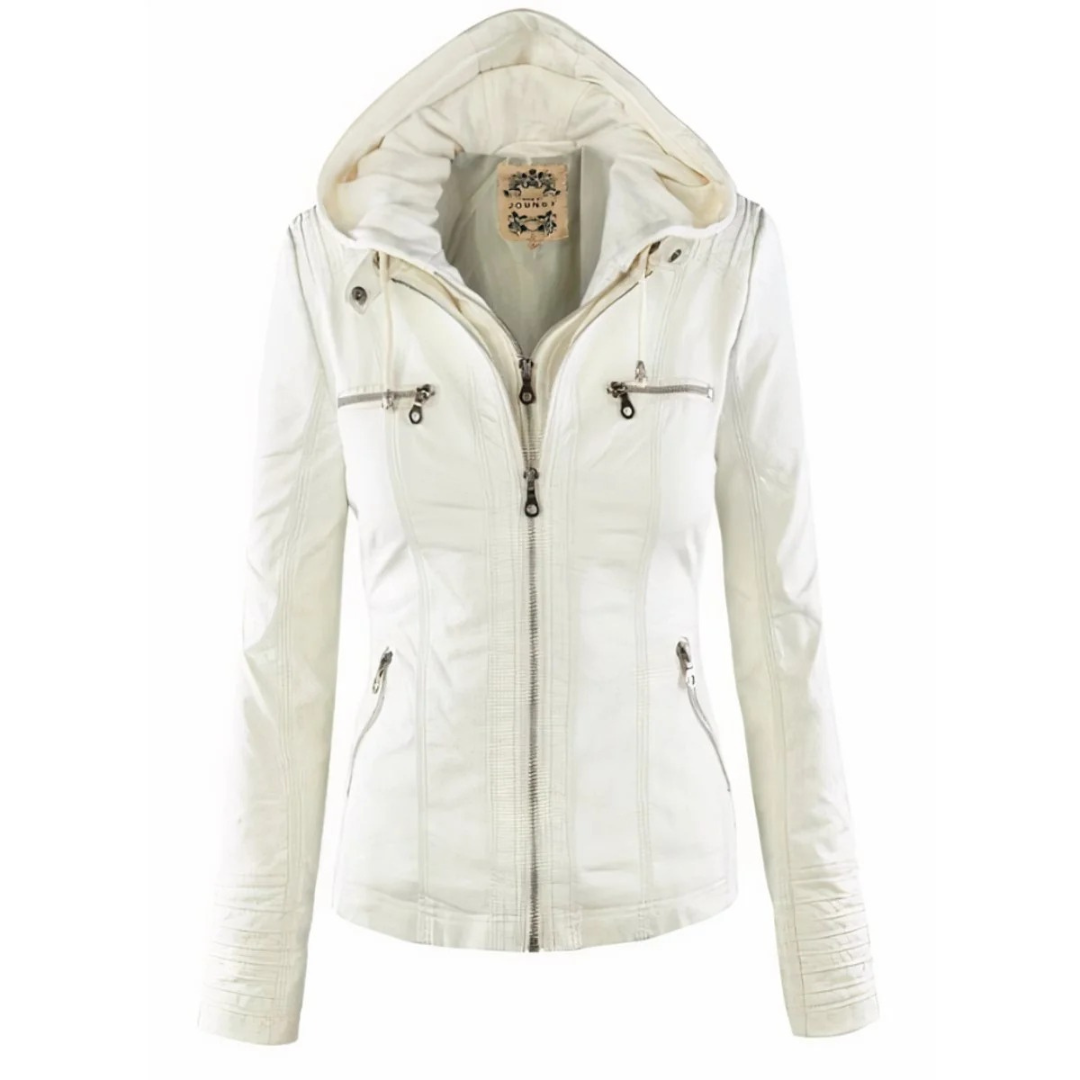 Emma | Damen Vielseitige Kunstleder Bikerjacke mit Kapuze