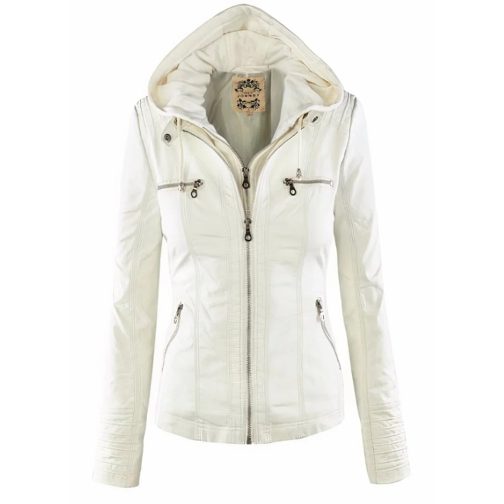 Emma | Damen Vielseitige Kunstleder Bikerjacke mit Kapuze