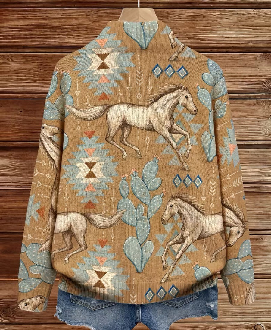 Beate™ | Cardigan mit Pferde- und Kakteenmotiv